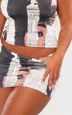 Sale PrettyLittleThing Shape Slinky Newspaper Print Micro Mini Skirt Multi