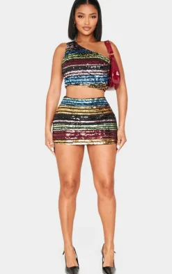 Sale PrettyLittleThing Shape Stripe Sequin Low Rise Mini Skirt Multi