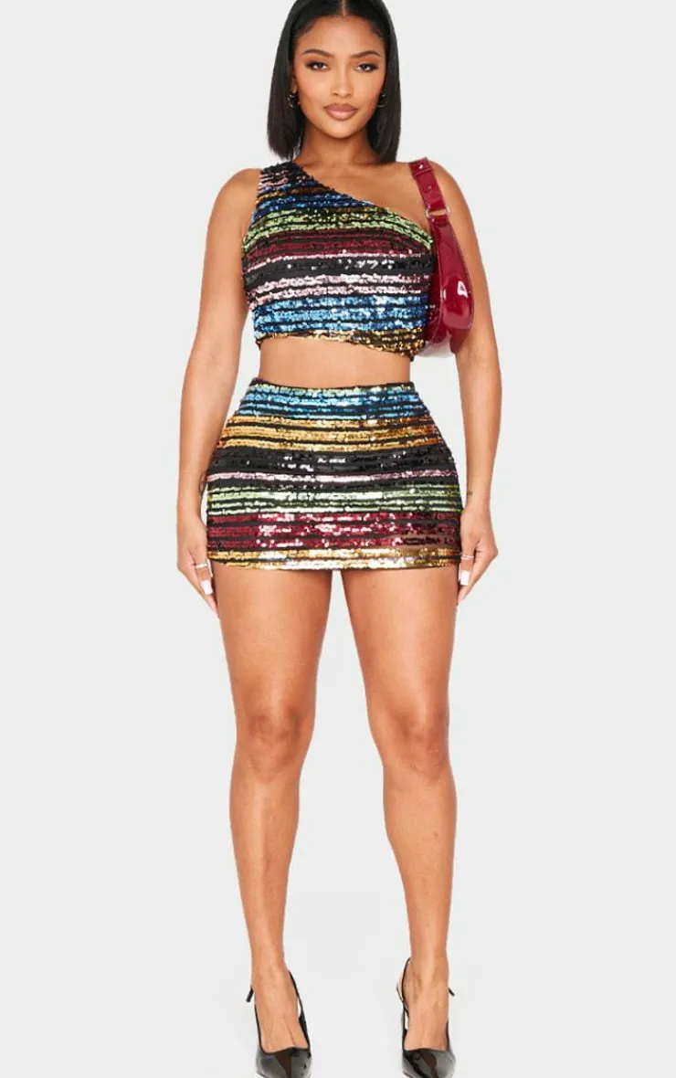 Sale PrettyLittleThing Shape Stripe Sequin Low Rise Mini Skirt Multi