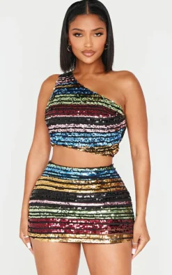 Sale PrettyLittleThing Shape Stripe Sequin Low Rise Mini Skirt Multi