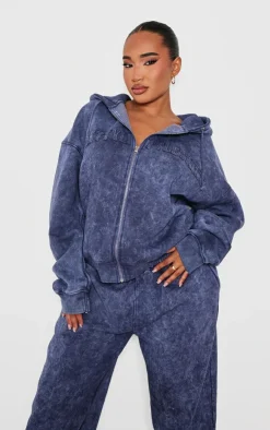 Outlet PrettyLittleThing Shape Embroidery Washed Zip Through Hoodie Navy