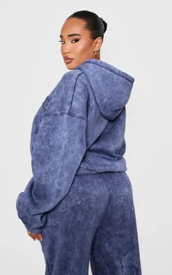 Outlet PrettyLittleThing Shape Embroidery Washed Zip Through Hoodie Navy