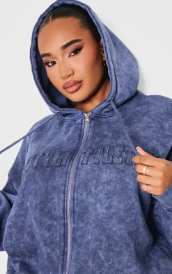 Outlet PrettyLittleThing Shape Embroidery Washed Zip Through Hoodie Navy
