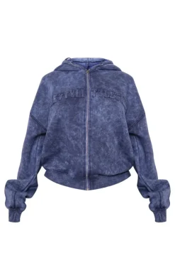Outlet PrettyLittleThing Shape Embroidery Washed Zip Through Hoodie Navy