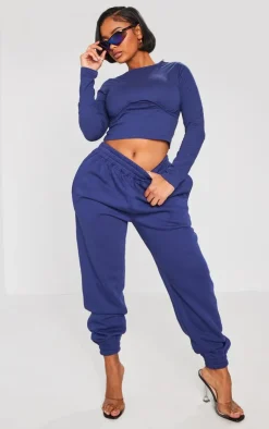 Sale PrettyLittleThing Shape Navy High Waisted Cuffed Sweatpants Blue