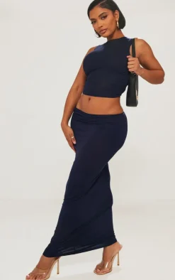 Discount PrettyLittleThing Shape Jersey Low Waist Maxi Skirt Navy