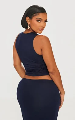 Online PrettyLittleThing Shape Jersey Ruched Side Sleeveless Crop Top Navy