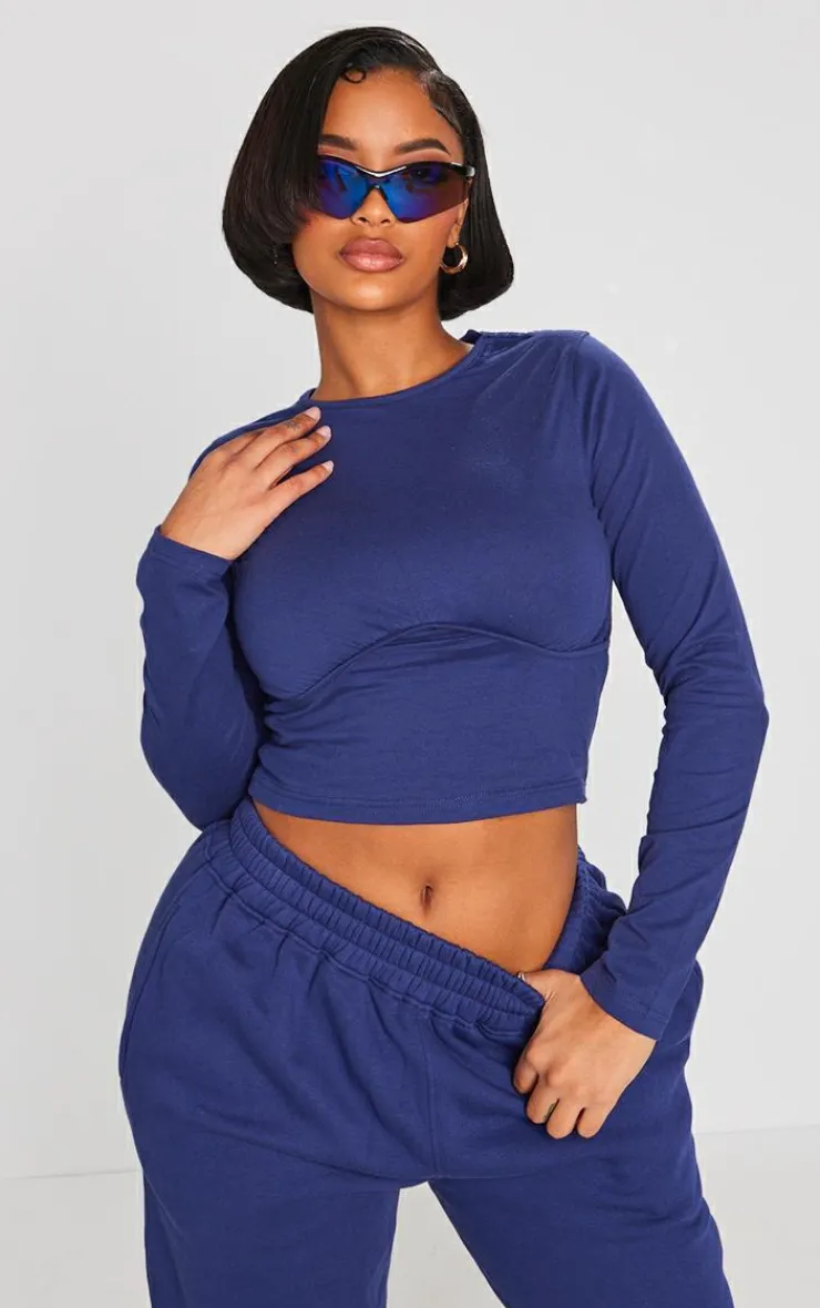 Best PrettyLittleThing Shape Navy Underbust Long Sleeve Top Blue