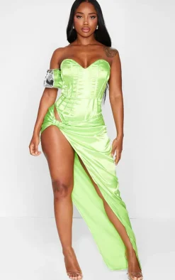 Online PrettyLittleThing Shape Satin Knot Side Maxi Skirt Neon Lime