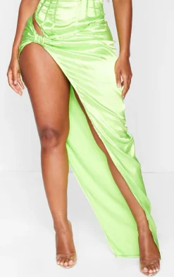 Online PrettyLittleThing Shape Satin Knot Side Maxi Skirt Neon Lime