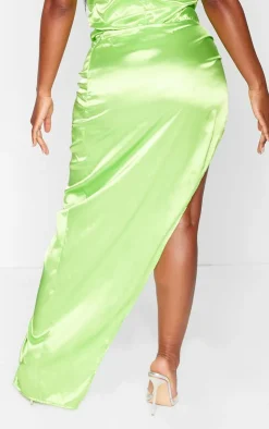 Online PrettyLittleThing Shape Satin Knot Side Maxi Skirt Neon Lime