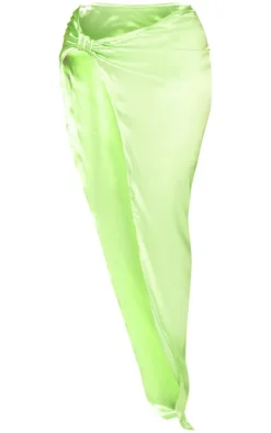 Online PrettyLittleThing Shape Satin Knot Side Maxi Skirt Neon Lime