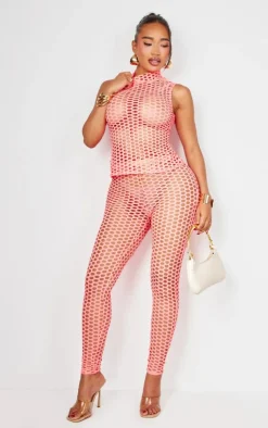 Discount PrettyLittleThing Shape Fish Net Leggings Neon Pink