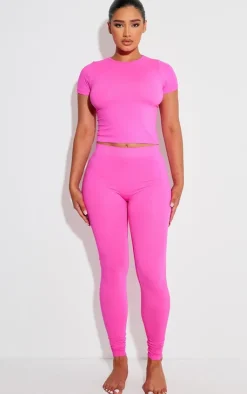 Online PrettyLittleThing Shape Stretch Seamless Short Sleeve Longline Top Neon Pink