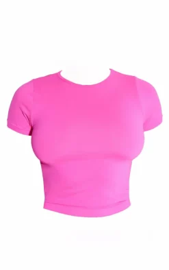 Online PrettyLittleThing Shape Stretch Seamless Short Sleeve Longline Top Neon Pink