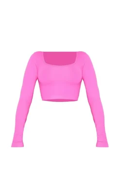 Shape Neon Pink Stretch Seamless Scoop Neck Long Sleeve Crop Top