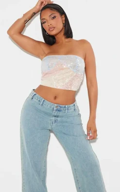 New PrettyLittleThing Shape Ombre Sequin Bandeau Nude