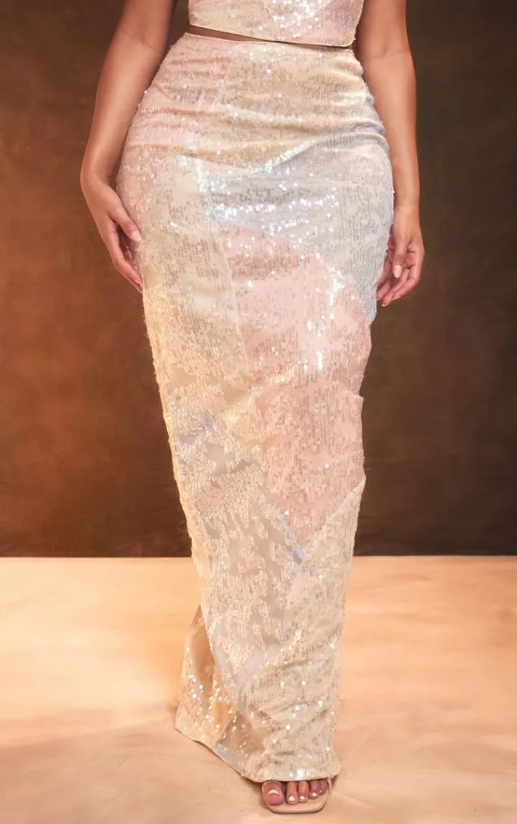 Clearance PrettyLittleThing Shape Ombre Sequin Split Back Maxi Skirt Nude