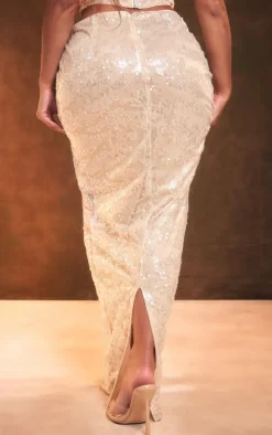 Clearance PrettyLittleThing Shape Ombre Sequin Split Back Maxi Skirt Nude