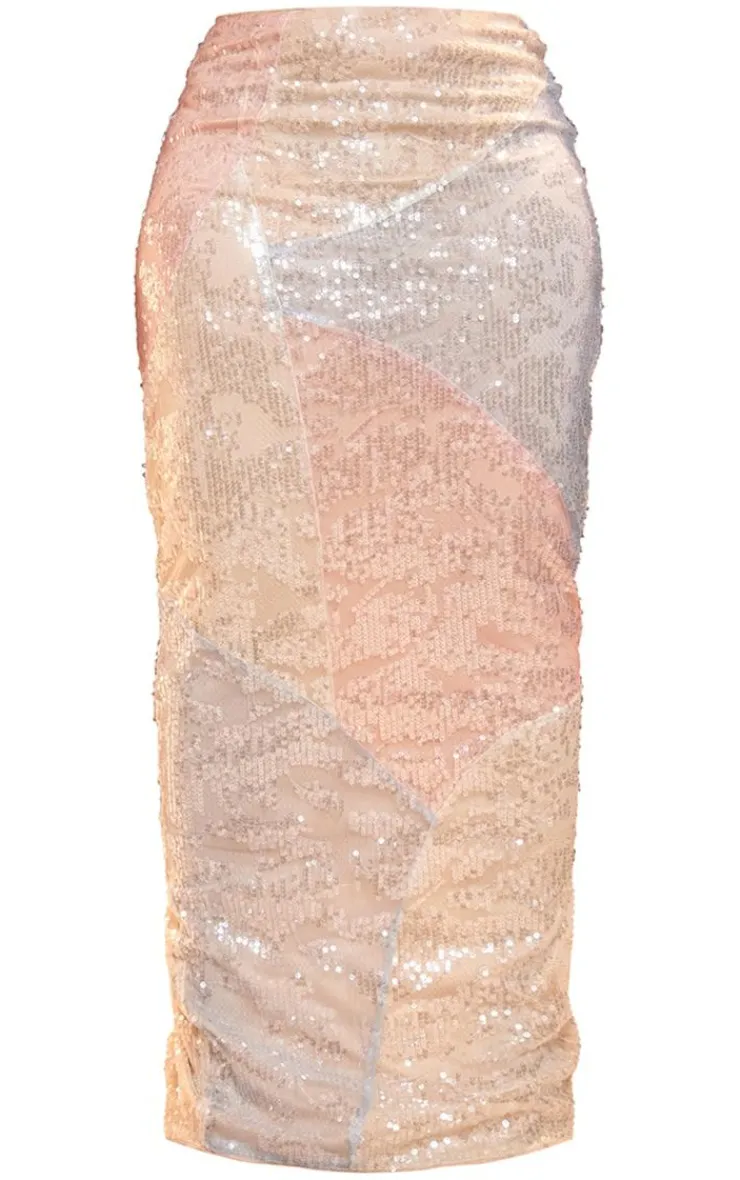Clearance PrettyLittleThing Shape Ombre Sequin Split Back Maxi Skirt Nude