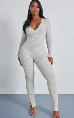 Shape Contrast Rib Knit Long Sleeve Plunge Jumpsuit-PrettyLittleThing Outlet