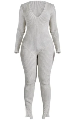 Shape Contrast Rib Knit Long Sleeve Plunge Jumpsuit-PrettyLittleThing Outlet