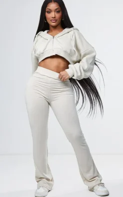 Discount PrettyLittleThing Shape Cotton High Waist Flared Pants Oatmeal