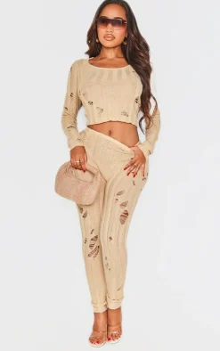 Clearance PrettyLittleThing Shape Distress Ribbed Knitted Pants Oatmeal