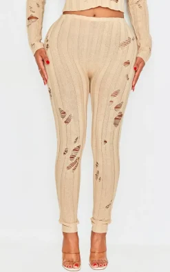 Clearance PrettyLittleThing Shape Distress Ribbed Knitted Pants Oatmeal