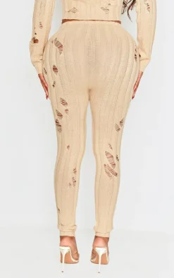 Clearance PrettyLittleThing Shape Distress Ribbed Knitted Pants Oatmeal