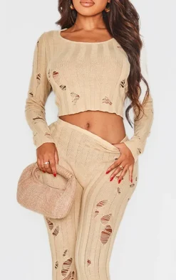 Clearance PrettyLittleThing Shape Distress Ribbed Knitted Pants Oatmeal