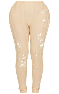 Clearance PrettyLittleThing Shape Distress Ribbed Knitted Pants Oatmeal