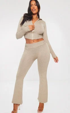 PrettyLittleThing Shape Knit Foldover Flare Pants Oatmeal