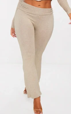 PrettyLittleThing Shape Knit Foldover Flare Pants Oatmeal