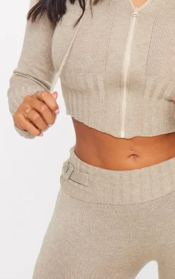 PrettyLittleThing Shape Knit Foldover Flare Pants Oatmeal