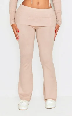 Online PrettyLittleThing Shape Knit High Waist Foldover Waist Leggings Oatmeal