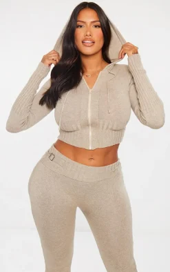 Clearance PrettyLittleThing Shape Knit Hooded Zip Front Sweater Oatmeal