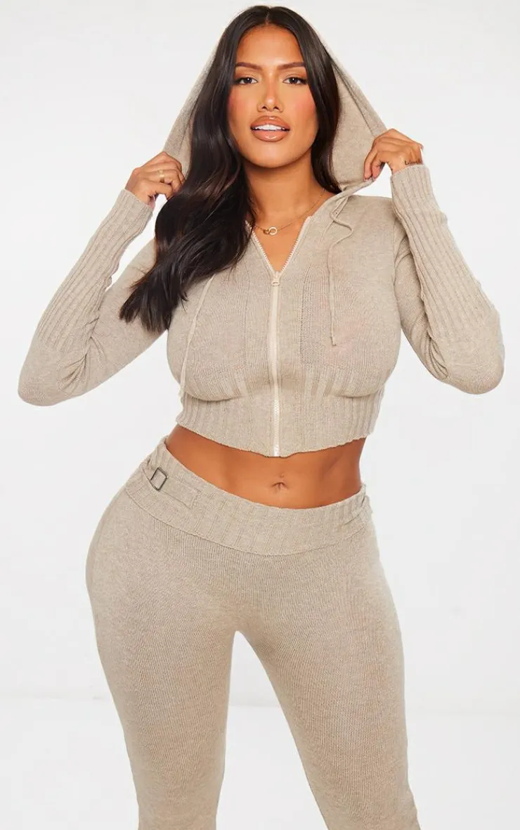Clearance PrettyLittleThing Shape Knit Hooded Zip Front Sweater Oatmeal