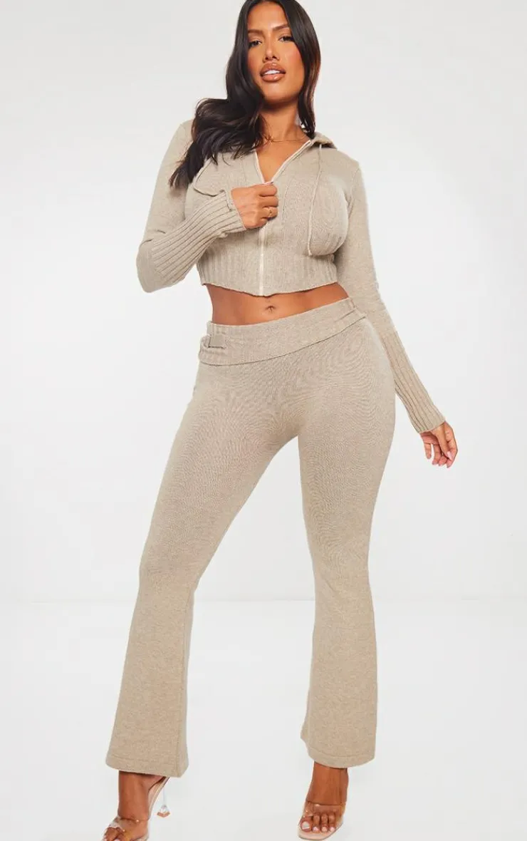 Clearance PrettyLittleThing Shape Knit Hooded Zip Front Sweater Oatmeal