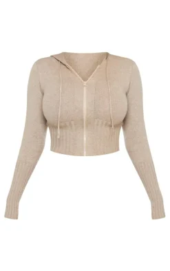 Clearance PrettyLittleThing Shape Knit Hooded Zip Front Sweater Oatmeal