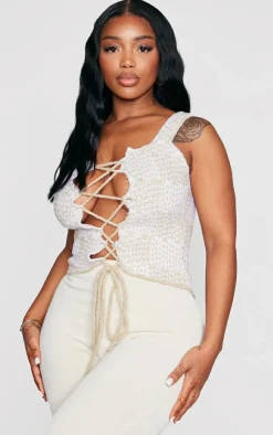 PrettyLittleThing Knitted Tops*Shape Knit Lace Up Front Top