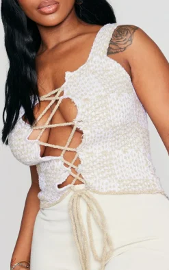 PrettyLittleThing Knitted Tops*Shape Knit Lace Up Front Top