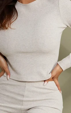 Outlet PrettyLittleThing Shape Marl Rib Long Sleeve Top Oatmeal