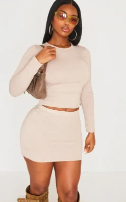 Online PrettyLittleThing Shape Melange Long Sleeve Crop Top Oatmeal