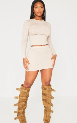 Online PrettyLittleThing Shape Melange Long Sleeve Crop Top Oatmeal