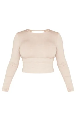 Online PrettyLittleThing Shape Melange Long Sleeve Crop Top Oatmeal