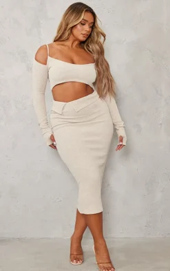 Hot PrettyLittleThing Shape Rib Fold Waist Midaxi Skirt Oatmeal