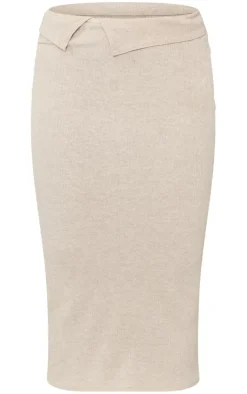 Hot PrettyLittleThing Shape Rib Fold Waist Midaxi Skirt Oatmeal