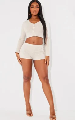 Discount PrettyLittleThing Shape Rib Marl Hot Pants Oatmeal