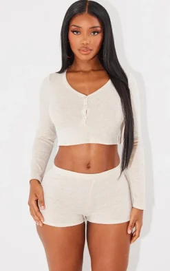 Discount PrettyLittleThing Shape Rib Marl Hot Pants Oatmeal